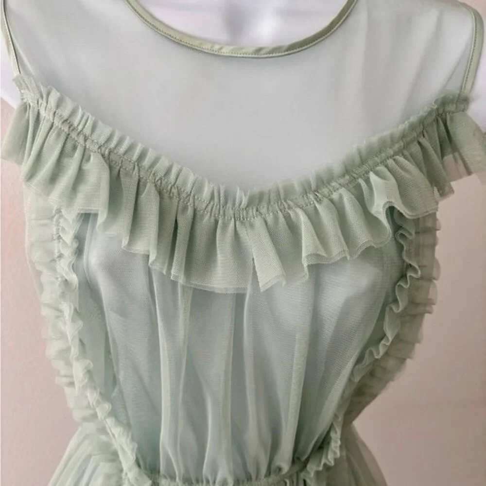 H & M Top 12 Mesh Peplum Green Ruffle Tulle Romantic Cottagecore Victorian Fairy - Picture 9 of 13